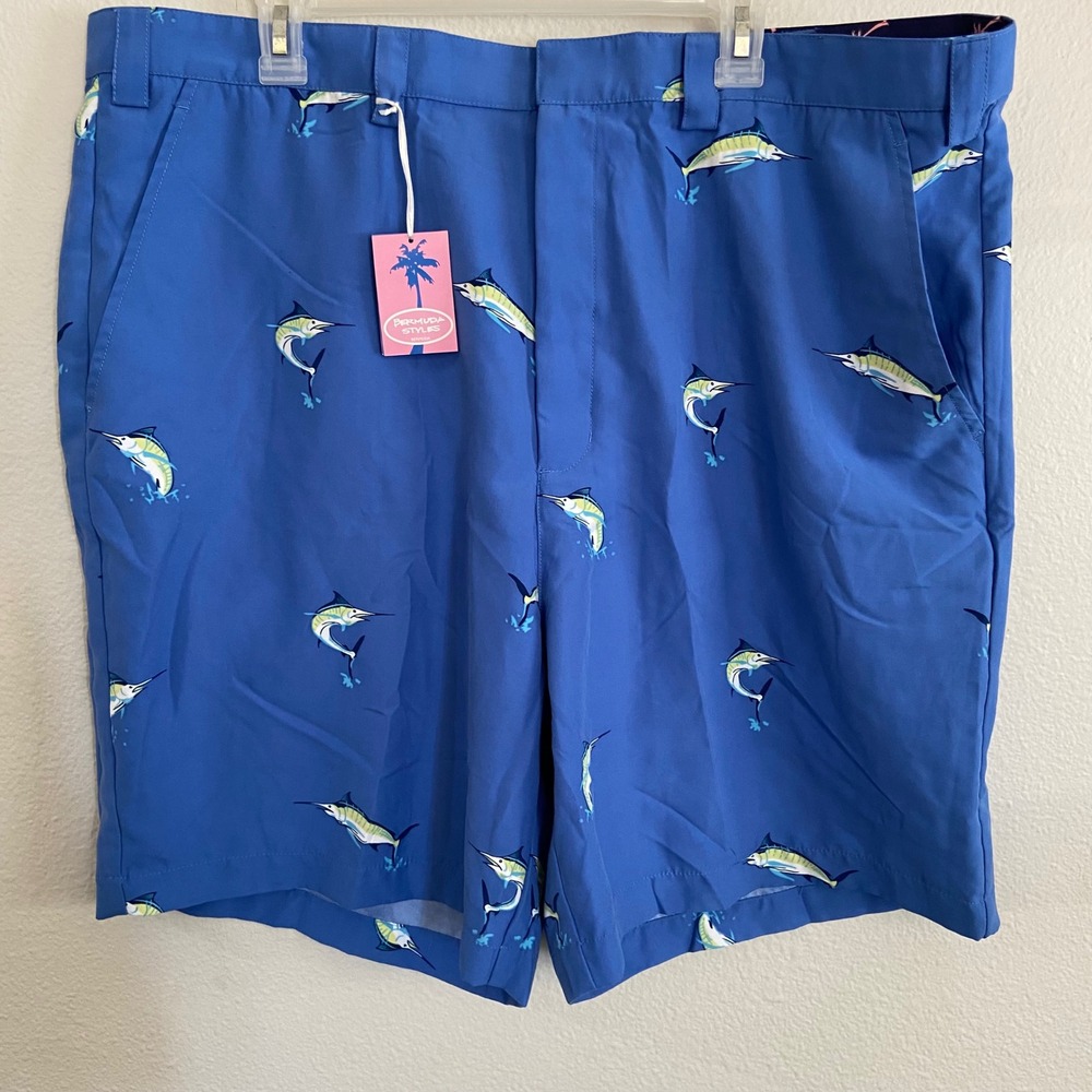 Mens Size 42 Bermuda Styles‎ Blue Marlin Print Golf Shorts Lightweight Casual